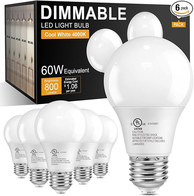 TJOY A19 Dimmable LED Light Bulbs, E26 Led Bulbs 60 Watt Equivalent, Neutral Cool White 4000K, 800 Lumens Standard Base, Energy Saving Lightbulbs, Efficient 9W, 120V, 15,000 Hour Lifetime, 6 Pack