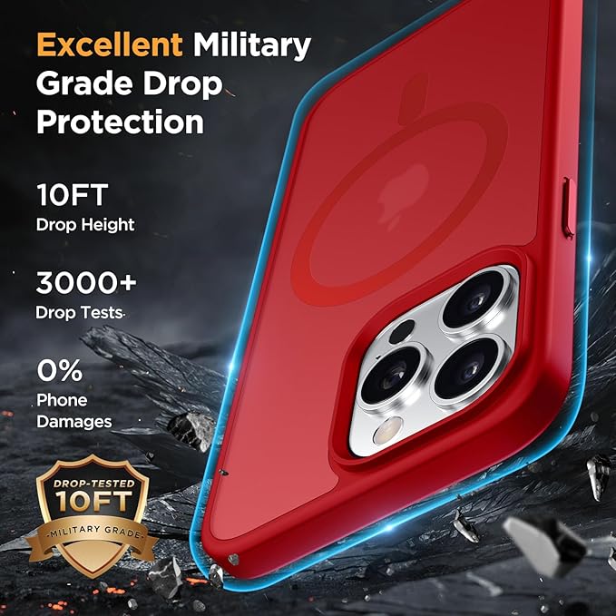 Miracase Magnetic for iPhone 15 Pro Max Case 6.7 inch (Compatible with MagSafe)（with 2X Screen Protectors）Military-Grade Protection, Anti-Fingerprint Translucent Matte Phone Cover, Red