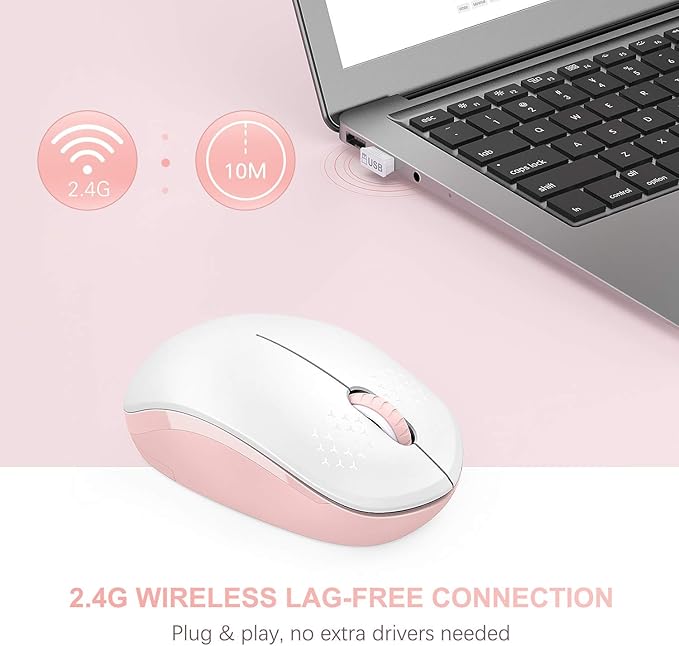 seenda Wireless Mouse for Laptop, 2.4G Noiseless Mouse with USB Receiver - Optical Tracking Portable Computer Mice for Chromebook, PC, Tablet, Windows System, 24 Months Battery Life - Pink & White