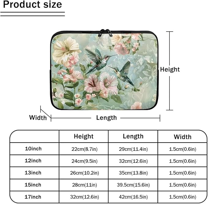 Hummingbird Flower Computer Sleeve for Women Laptop Sleeve 10 inch Neoprene Lap Top Case with Padded Compartment Computer Carrying Case Laptop Sleeve Bag, 240703BZ1403004