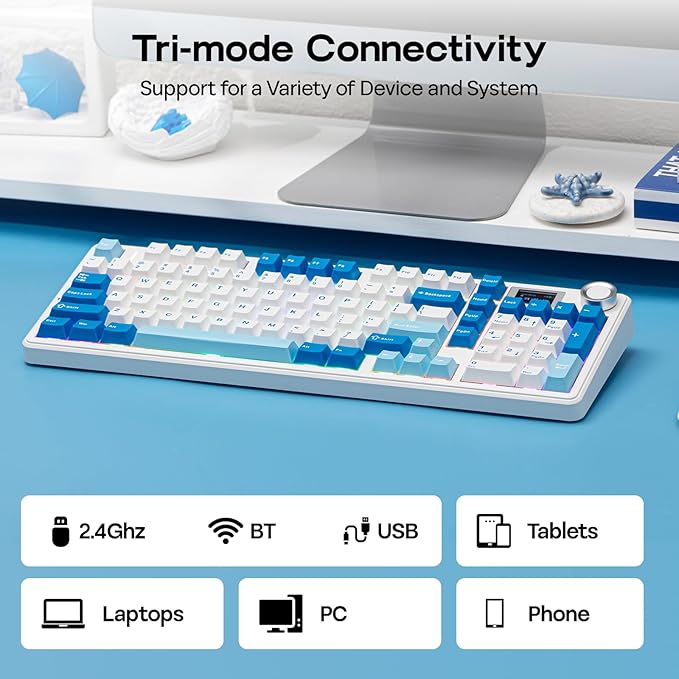 EPOMAKER Aula F99 MAX Wireless Mechanical Keyboard, Smart Screen & Knob, 8000mAh, 2.4Ghz/BT Creamy Keyboard, Pre-Lubed Switch, Hot-Swappable, RGB Backlit, Custom Software (Blue)