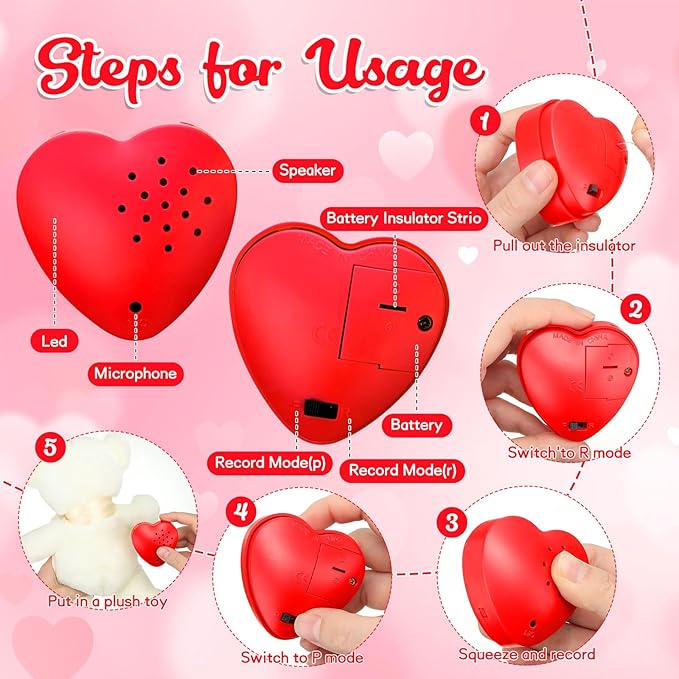 Copkim 3 Pcs 20 Seconds Valentine's Voice Recorder for Stuffed Animal Heart Shape Sound Recorder Push Button Recordable Device Sound Module for Gift Recording Voice Message(Red, Rose Red, Pink)