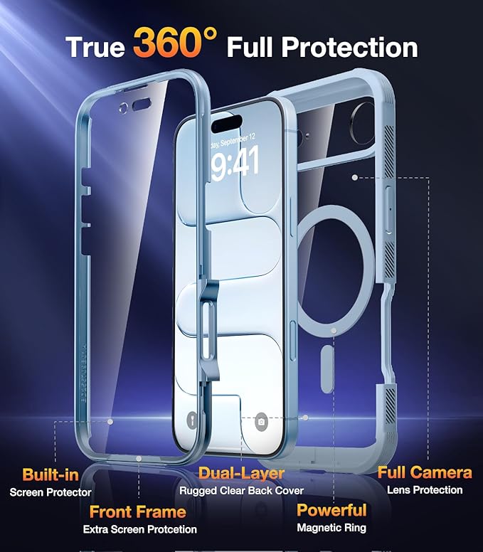 Diaclara Magnetic Designed for iPhone Air Case Full Body Bumper,[Compatible with MagSafe] Military Drop Proof Cover with Built-in Touch Sensitive Anti-Scratch Screen Protector for iPhone 17 Air Blue