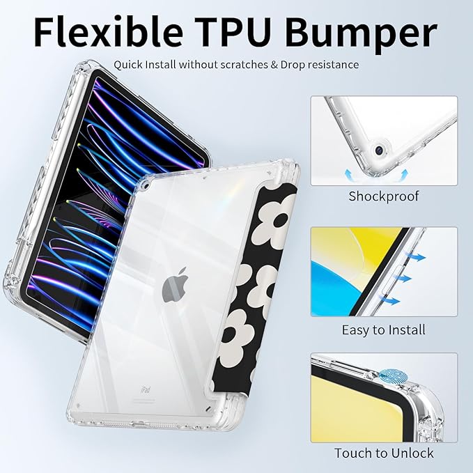 Case for iPad 10.2-inch 9th Generation (2021)/ 8th Generation (2020)/ 7th Gen (2020), Protective Slim Clear Back Cover with Pencil Holder, Trifold Sturdy Stand, Black Daisy