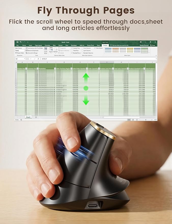 SABLUTE MAM4 Ergonomic Vertical Mouse for M/L Hands, 8K DPI, Ultra-Fast Scrolling, 6 Programmable Buttons, Tri-Mode Wireless Rechargeable Mouse, 800mAh Built-in Battery, for PC/Mac/Laptop, Black