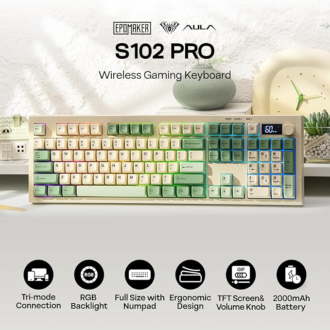 EPOMAKER Aula S102 PRO Membrane Gaming Keyboard with TFT Screen, Volume Knob & Number Pad, BT/2.4G/USB, RGB Backlit, Creamy Silicone Structure, Silent Keyboard for PC Game/Office (Yellow)