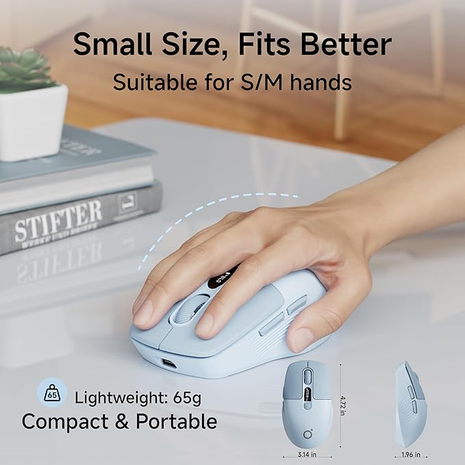 EWEADN Q1 Wireless Bluetooth Mouse, BT & 2.4G Computer Mouse with Battery & DPI LED Screen Display, Type-C Rechargeable with 1600 DPI Levels, 6 Button Silent Ergonomic Mouse for Laptop/PC/Mac-Blue