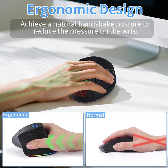 Wireless Mouse Ergonomic Right Handed Vertical Mouse with LED Light 7 Buttons 2.4GHz & Bluetooth Dual Mode Portable Rechargeable Silent Computer Mice for Laptop PC Desktop Macbook Adults Gifts(Black)
