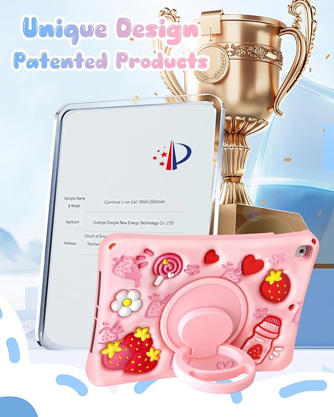 Boaretiu for iPad 6th/5th Generation Case 2018 2017 - for iPad 9.7 Inch Soft Silicone Cute Cartoon Strawberry with Shoulder Strap & Rotating Stand 3D Kawaii for Girls Girly Teens Women for Air1 Air2