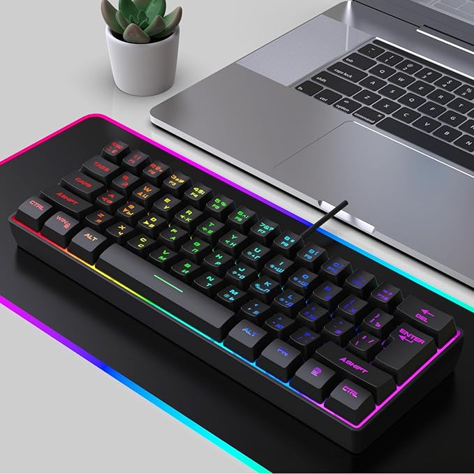 PUSOKEI 60% Mechanical Gaming Keyboard, 61 Keys Mini USB Wired Keyboard with RGB Backlit, Hot Swappable, Full Keys No Conflict, Russian English Dual Language for PC (Black)