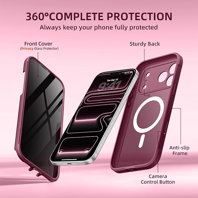 BERFY for iPhone 17 Pro Max Case, Compatible with MagSafe, Built-in Privacy Screen Protector, Camera Protection, Shockproof Full Body Phone Case 6.9", Translucent Deep Red