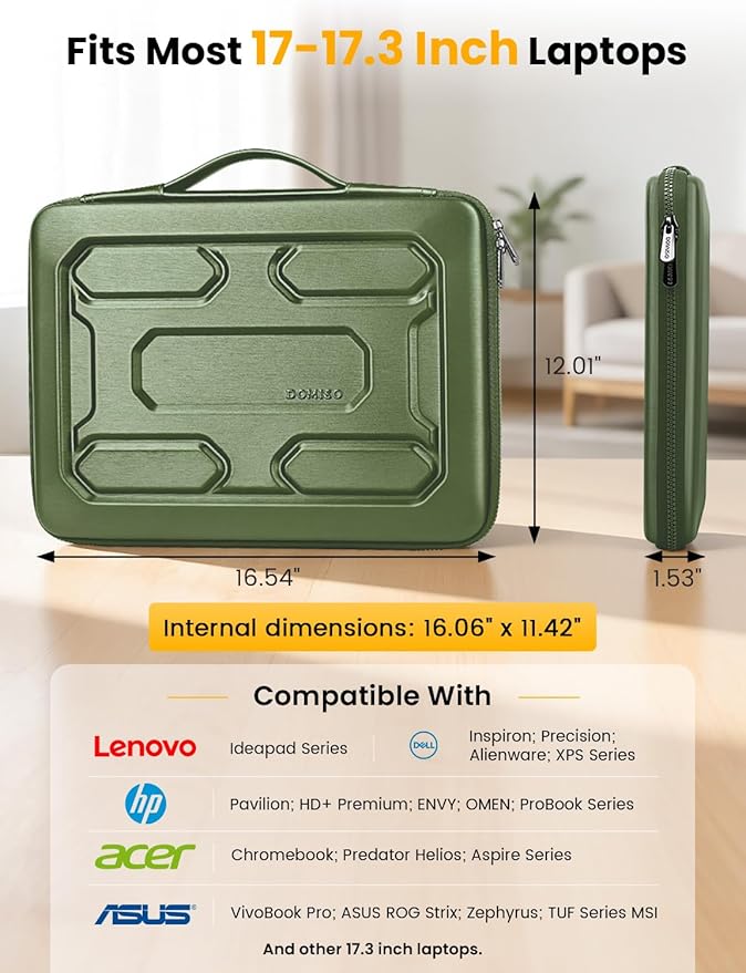 DOMISO Laptop Hard Case 17-17.3 inch Waterproof Shockproof Hard Shell Laptop Sleeve with Handle & Storage Pocket, Compatible with MacBook, HP, Dell, Green