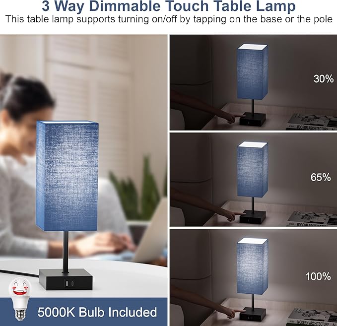 Bedside Table Lamp for Bedroom Set of 2, 3 Way Dimmable Touch Lamp with USB C+A Charging Ports, Small Nightand Lamps for Bedroom Decor, Living Room, LED Bulbs Included, Upgraded Navy Blue