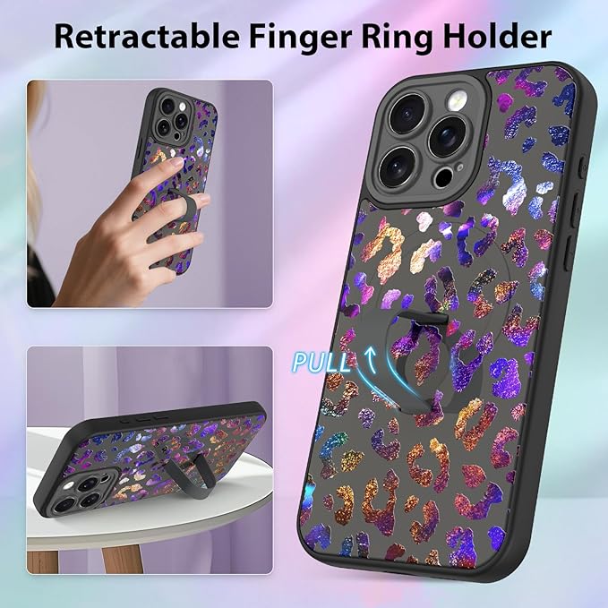 KANGHAR Compatible with iPhone 16 Pro Max Case, Support for MagSafe, Silicone Cute Iridescent Leopard Cheetah Pattern, Wristband Kickstand Shockproof Protective Slim Cover for Women Girls, Black