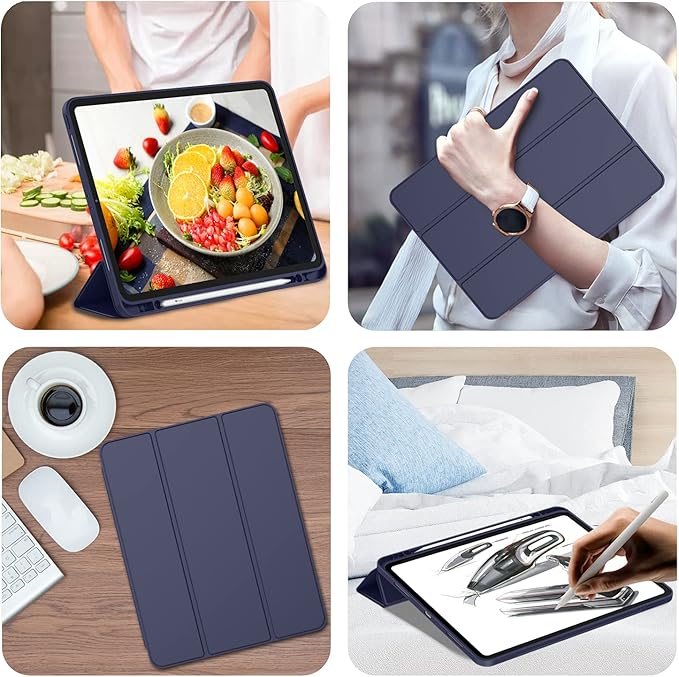 iMieet New iPad Pro 12.9 Case 2022(6th Gen)/2021(5th Gen) with Pencil Holder [Support iPad 2nd Pencil Charging/Pair],Trifold Stand Smart Case with Soft TPU Back,Auto Wake/Sleep(Dark Blue)