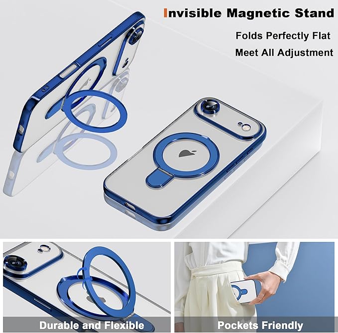 Compatible with iPhone 17 Air Case with Invisible Magnetic Ring Stand [Compatible with Mag-Safe] [Full Camera Lens Protector] Plating Clear Phone Case for iPhone 17 Air 6.5", Blue