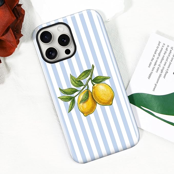 Magnetic for iPhone 16 Pro Case Cute Lemon Stripes Phone Case, Shockproof Slim TPU and Hard PC Protective Phone Cover Compatible with MagSafe Designed for Women Girls, Blue