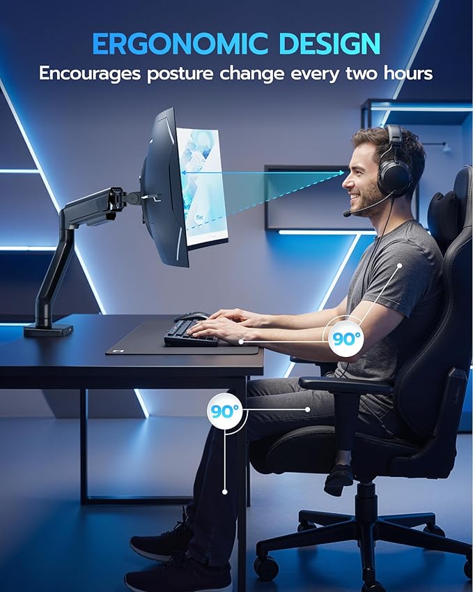 ARES WING Heavy Duty Single Monitor Arm - Fully Adjustable Monitor Mount for 17"-40" Ultrawide Screens up to 26.4 lbs with Clamp/Grommet Desk Mount and USB A/C, 75/100 Vesa Mount, Black