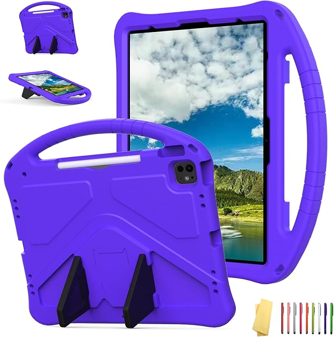 for iPad Pro 12.9 inch Kids Case 6th/5th/4th/3rd Generation (2022/2021/2020/2018) with Kickstand/Pencil Holder/Handle Stand Lightweight Soft EVA Shockproof Heavy Duty Protective Cover, Purple