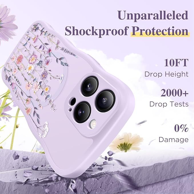 GVIEWIN for iPhone 16 Pro Max Case Compatible with MagSafe [Curly Wave Edge][Full Camera Protection] Floral Translucent Shockproof Magnetic Women Phone Case for 16 Pro Max, Floratopia/Purple