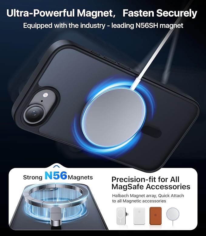 Eastinbox Magnetic Shockproof for iPhone 17e & iPhone 16e Case [Compatible with MagSafe] [Military-Grade Protection] Anti-Yellowing, Matte Protective Phone Case for iPhone 17 e/16 e 6.1", Black
