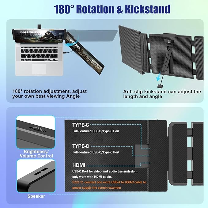 KEFEYA Laptop Screen Extender 14", FHD 1080P IPS Laptop Monitor Extender Dual Screen, Portable Monitor for Laptops 13-17" with USB-C/HDMI Port, Plug n Play for Windows/Mac/Android/Switch/PS5