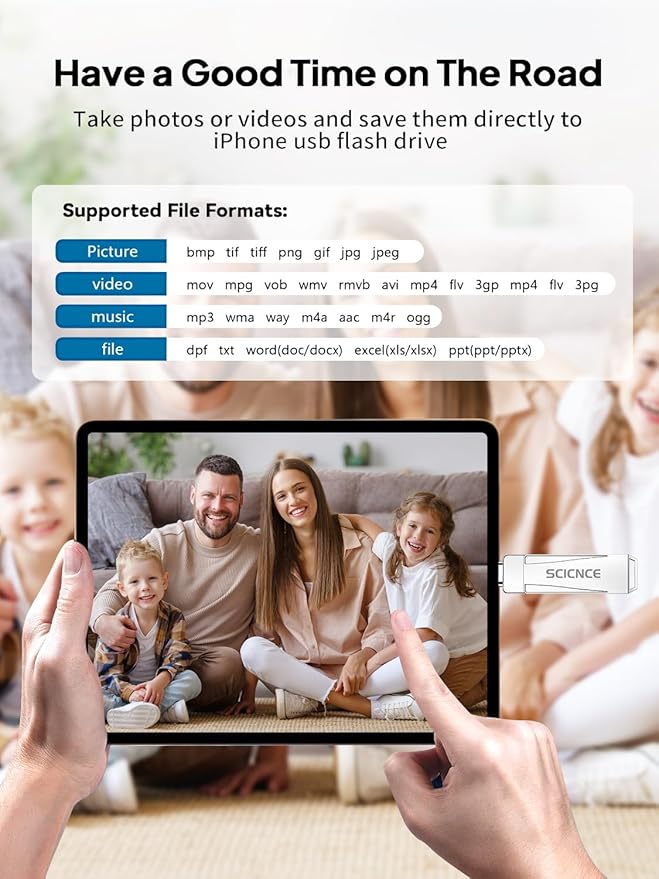 256GB Phone Flash Drive Photo Stick, USB Memory Stick for Photo Video Backup & Storage, No APP Required, Compatible with iPhone iPad Android PC, Bright Silver