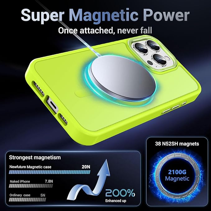 Newfuture Designed for iPhone 16 Pro Case with Magnetic [13 FT Military Drop Protection] [Compatible with Magsafe] Slim Translucent Matte Shockproof with Anti-Fingerprint Phone Case,Fluorescent Green