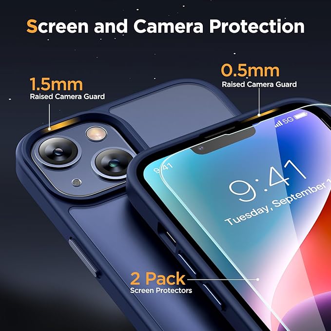 Miracase Magnetic for iPhone 14 Case 6.1 inch (Compatible with MagSafe)（with 2X Screen Protectors） Military-Grade Protection, Anti-Fingerprint Translucent Matte Phone Case Cover, Dark Blue