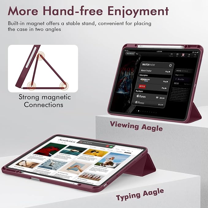 ZryXal New iPad Air 13 Inch Case M3 2025/M2 2024 with Pencil Holder, Trifold Stand Smart Case with Soft TPU Back,Auto Wake/Sleep(Wine)