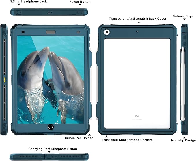 iPad 9th 8th 7th Generation Case Waterproof, Full Body Protective Shockproof Case with Built-in Screen Protector, Pencil Holder, Stand, Shoulder Strap for iPad 9th 8th 7th Gen 10.2 inch Teal