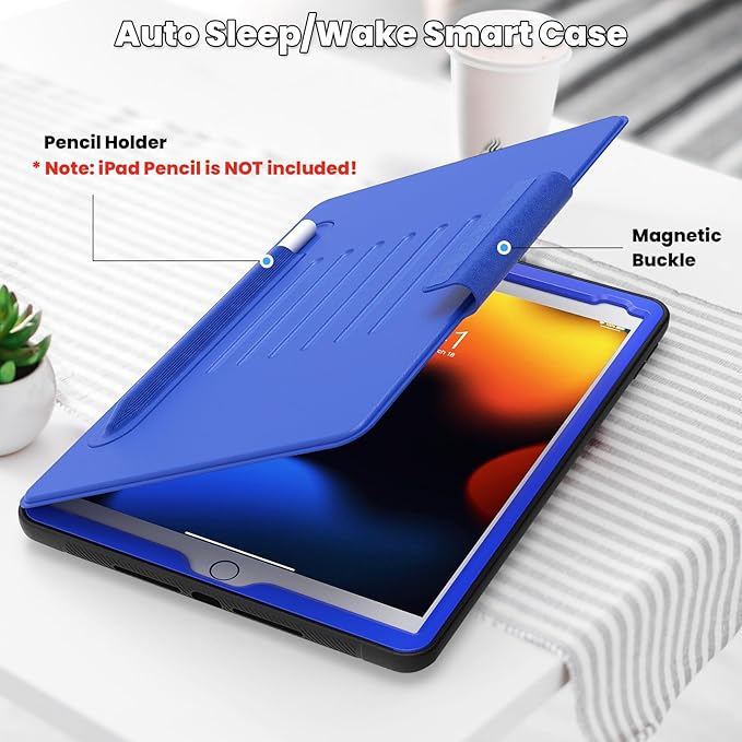 SEYMAC stock Case for iPad 9th/8th/7th Generation 10.2'', Strong Magnetic Auto Sleep Shockproof Case with Absorbing Multi-Angles Stand, Pen Holder, Card Slot (Blue)
