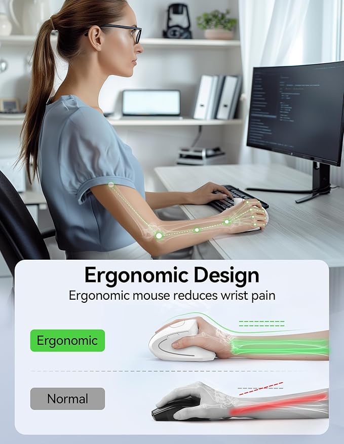 TECKNET Ergonomic Mouse Wireless, Rechargeable Mouse Silent for Carpal Tunnel Right Hand, 2.4GHz USB Vertical Mouse Wireless for Laptop, 5 Adjustable 4800 DPI, Computer, MacBook, Desktop