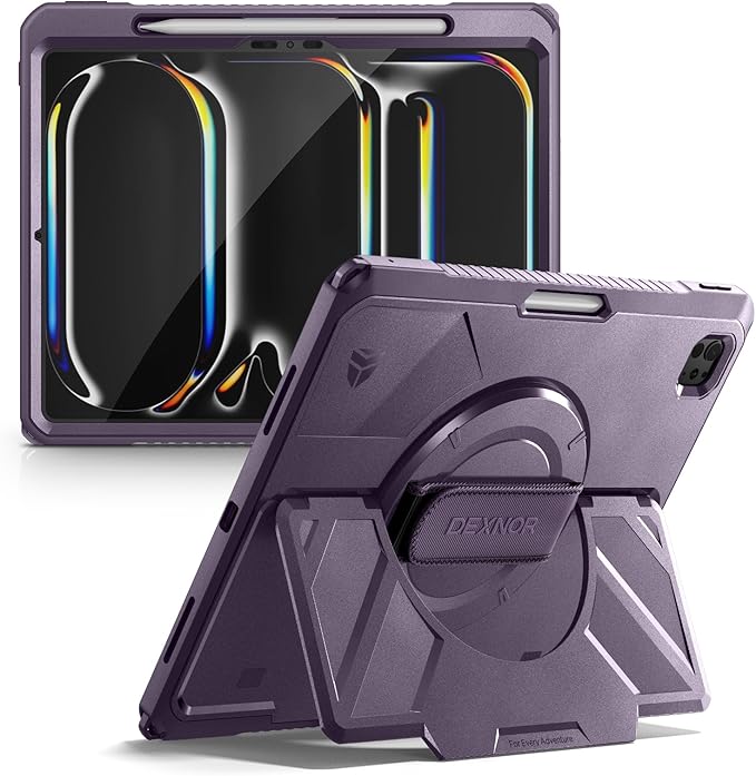 Dexnor for iPad Pro 13 inch Case M5 2025/M4 2024, Rugged Protective Case with 360° Rotating Hand Strap & Large Steady Stand & Screen Protector & Pencil Holder Shockproof Full-Body Bumper Cover,Purple