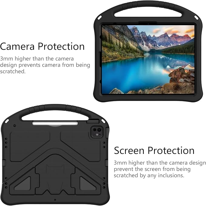 Kids Case for iPad Air 13 inch M4/M3/M2 (2026/2025/2024) with Pencil Holder/Shockproof Handle/Kickstand/Slim Lightweight Soft EVA Foam Folio Stand Tablet Protective Girls Boys Cover, Black