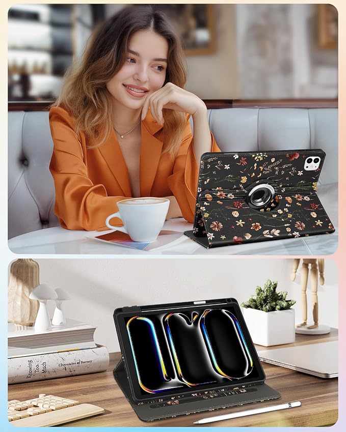 Kidcube for iPad Pro 11 Inch Case M4 2024 5th Generation - Women Girls Cute Rotating Stand Folio Cover with Pencil Holder & Card Slot Girly Flowers Floral Design for iPad Pro 11'' Case 2024 M4 5th Gen
