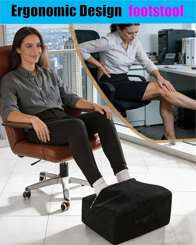 Foot Rest for Under Desk at Work, Office Footrest with Warm Feet Pocket,Ergonomic Under Desk Footrest with Washable Cover, Stool for Office Chair & Back &Pain Relief (Black+)
