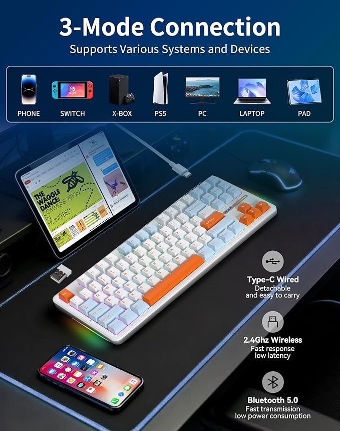 Aula F87 Pro Wireless Mechanical Keyboard, 87-Key TKL Tri-Mode (BT5.0/2.4G/USB-C), Hot Swappable Gasket Mount Keyboard, 4000mAh Battery, RGB Backlit PBT Keycaps Custom Gaming Keyboard for PC Mac