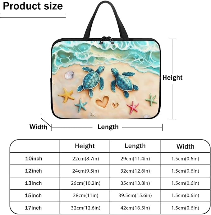 Sea Turtle Laptop Bag 12 Inch Computer Sleeve for Women Men Beach Starfish Padded Notebook Carrying Case with Handle Laptop Cover, Blue