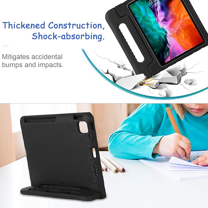 Kids Case for iPad Pro 11" 2022/2021/2020 (4th/3rd/2nd Gen), Techcircle [Support Pencil Charging] Handle Stand Lightweight EVA Foam Bumper Protective Rugged Drop Protection Child Proof Cover, Black