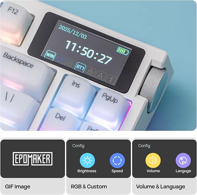 EPOMAKER G84 PRO Wireless Gaming Keyboard with Screen&Knob, 75% Creamy Mechanical Keyboard, 8000mAh, Hot Swappable, Silicone Keycaps, BT5.0/2.4G/USB-C Mode, NKRO, RGB (White, Creamy Jade Switch)