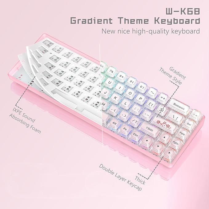 Womier 60% Keyboard Gaming Pink - Wired Creamy Mechanical Keyboard, WK68 Hot-Swappable RGB Custom Mini Key Board with Arrow Keys/Software Supported, Prelubrication Linear Switch (WK68-Pink)