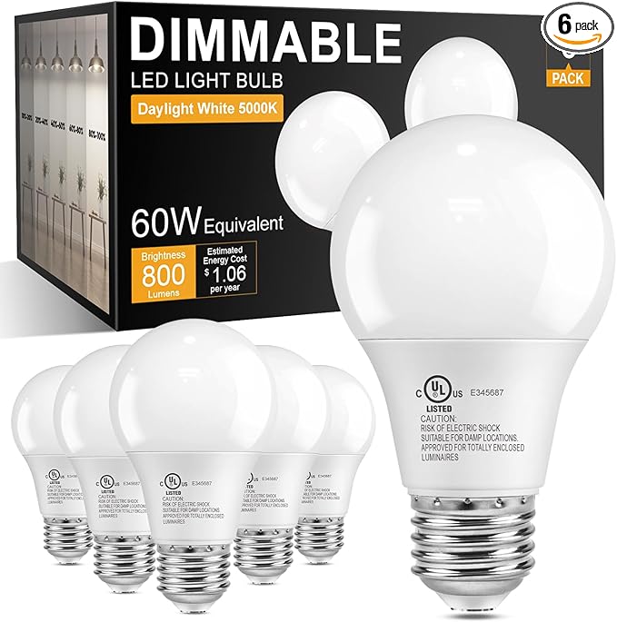 TJOY A19 Dimmable LED Light Bulbs, E26 Led Bulbs 60 Watt Equivalent, Daylight 5000K, 800 Lumens Standard Base, Energy Saving Lightbulbs, Efficient 9W, 120V, 15,000 Hour Lifetime, 6 Pack