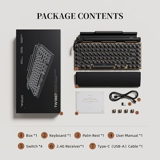 7KEYS Typewriter Keyboard Wireless Retro Style, Vintage Classical Mechanical Keyboard with Bluetooth for IPAD PC/Laptop Mac/Phone (Wood+Wrist)