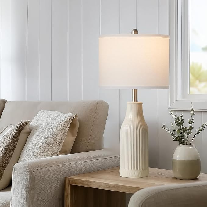 24.5" Ceramic Table Lamps Set of 2, Modern Farmhouse Bedside Lamps for Bedroom Nightstand, Small Table Lamp for Living Room End Table, Beige (2 LED Bulbs Included)
