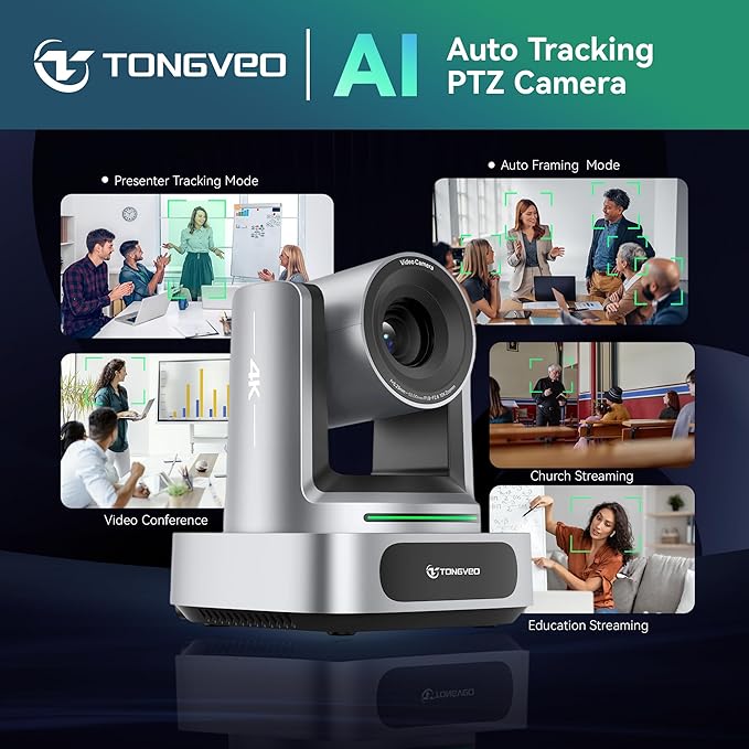 TONGVEO 4K AI PTZ Camera with 10X Optical Zoom & Bluetooth Conference Speakerphone, Auto Tracking Video Conferencing System with 360° Voice Pickup, HDMI USB Webcam for Church, Zoom, Teams
