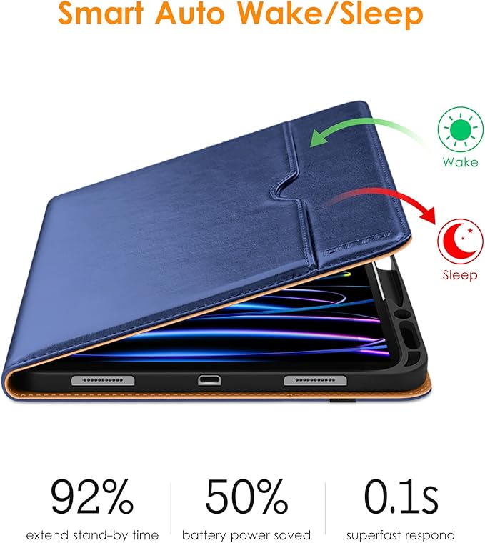 DTTO for iPad Pro 12.9 6th / 5th / 4th / 3rd Generation Case 2022/2021/2020/2018, Leather Folio Stand Cover with Built-in Apple Pencil Holder -Auto Wake/Sleep and Multi Viewing Angles, Navy Blue