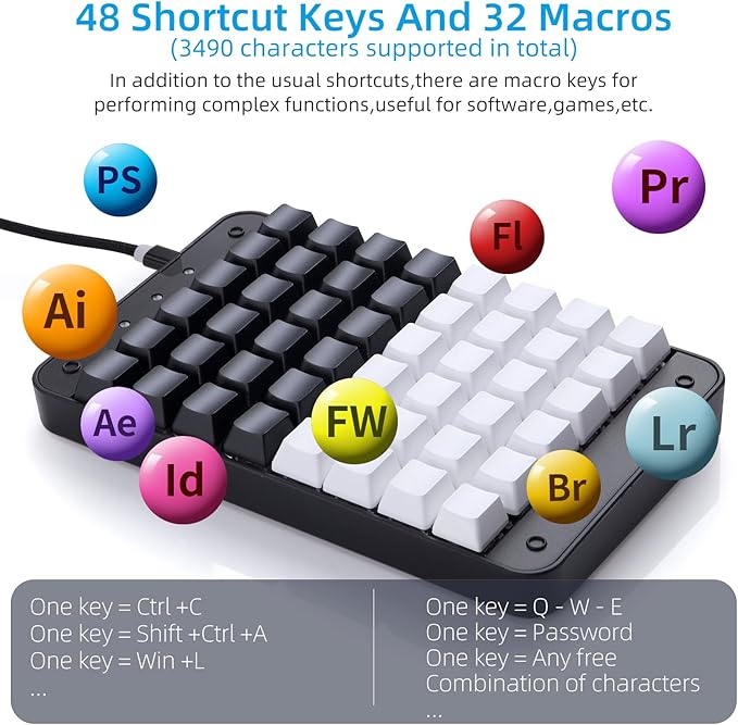 Koolertron One Handed Mechanical Gaming Keyboard, 48 Keys Fully Programmable Mini USB Macro Keyboard with Red Switch, for Gamers/Designers/Video Editor