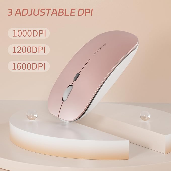 Uciefy Q5 Slim Rechargeable Wireless Mouse, 2.4G Portable Optical Silent Ultra Thin Wireless Computer Mouse with USB Receiver and Type C Adapter, Compatible with PC, Laptop, Desktop (Rose Gold)