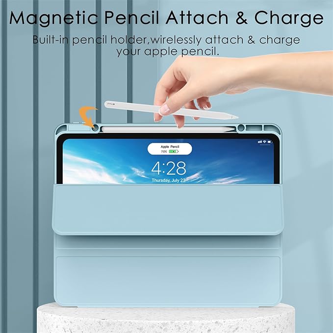 Soke Case for iPad Pro 12.9 Inch (6th/5th/4th/3rd Generation, 2022/2021/2020/2018) - Pencil Holder + Auto Sleep/Wake + Camera Protection, Transparent Shockproof Back Cover,Sky Blue